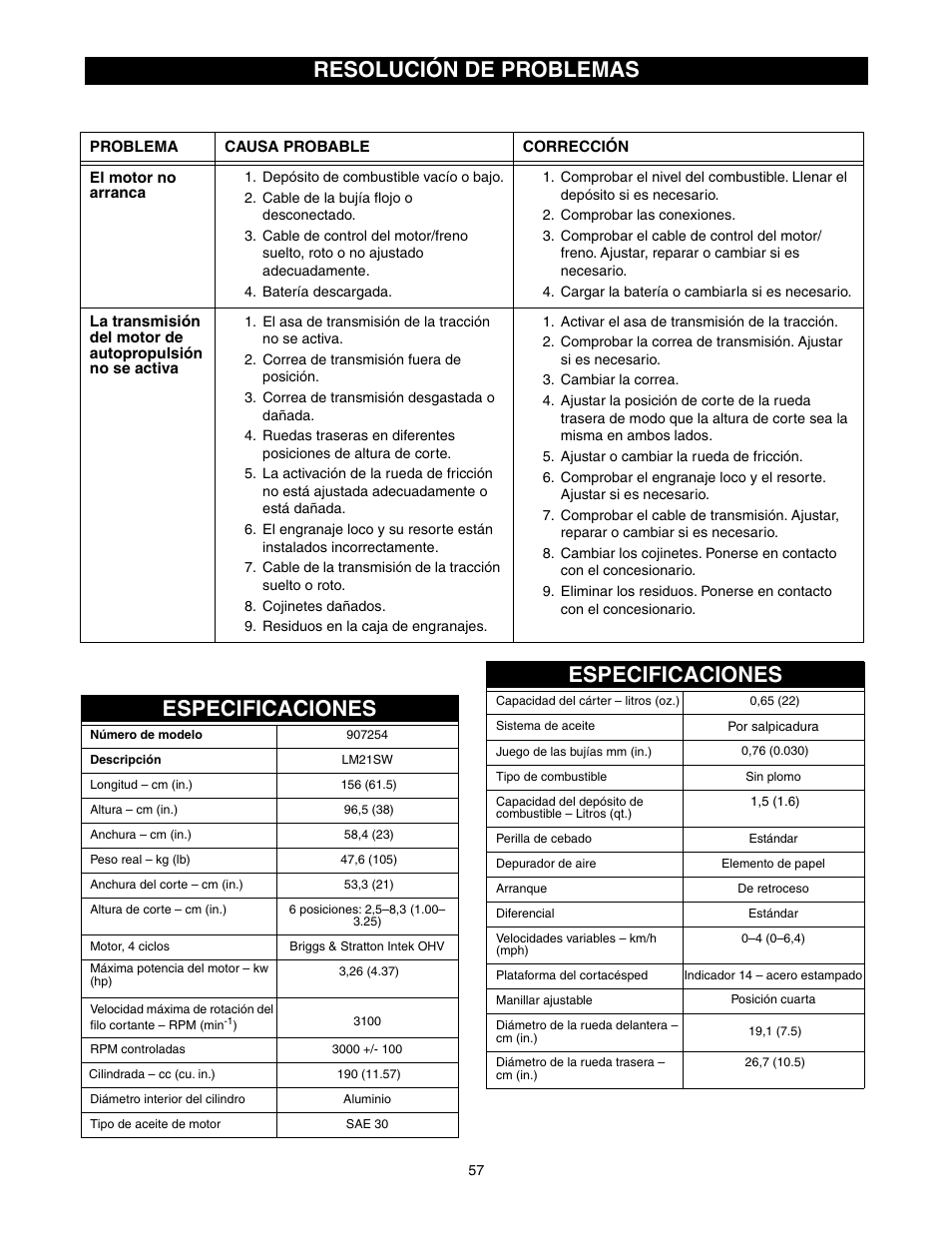 Especificaciones, Especificaciones resolución de problemas | Scotts 907254 - LM21SW User Manual | Page 57 / 69