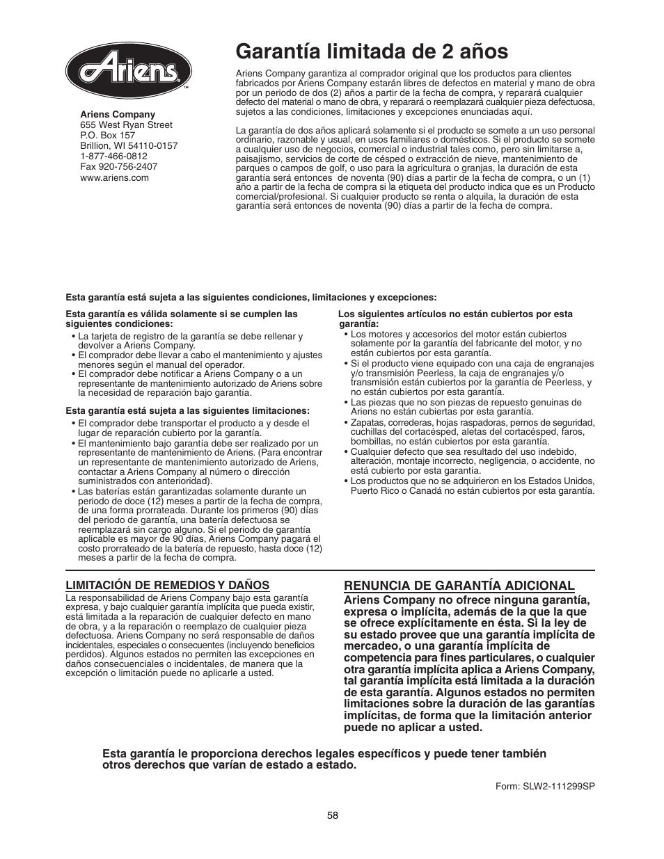 Garantía limitada de 2 años, Renuncia de garantía adicional | Scotts 907254 - LM21SW User Manual | Page 58 / 69