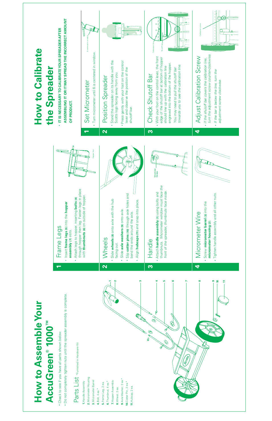 Parts list, Frame l egs, Handle | Wheels, Micrometer w ire, Set micrometer, Chec k shutof f ba r ad just calibration scre w, 12 3 4 p osition spreader | Scotts ACCUGREEN 1000 User Manual | Page 2 / 2