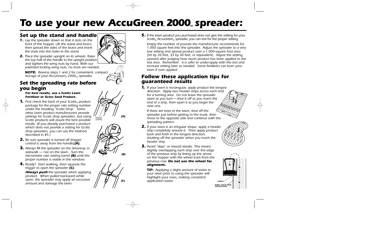 Spreader, Set up the stand and handle, Set the spreading rate before you begin | Scotts ACCUGREEN 2000 75345 User Manual | Page 2 / 2