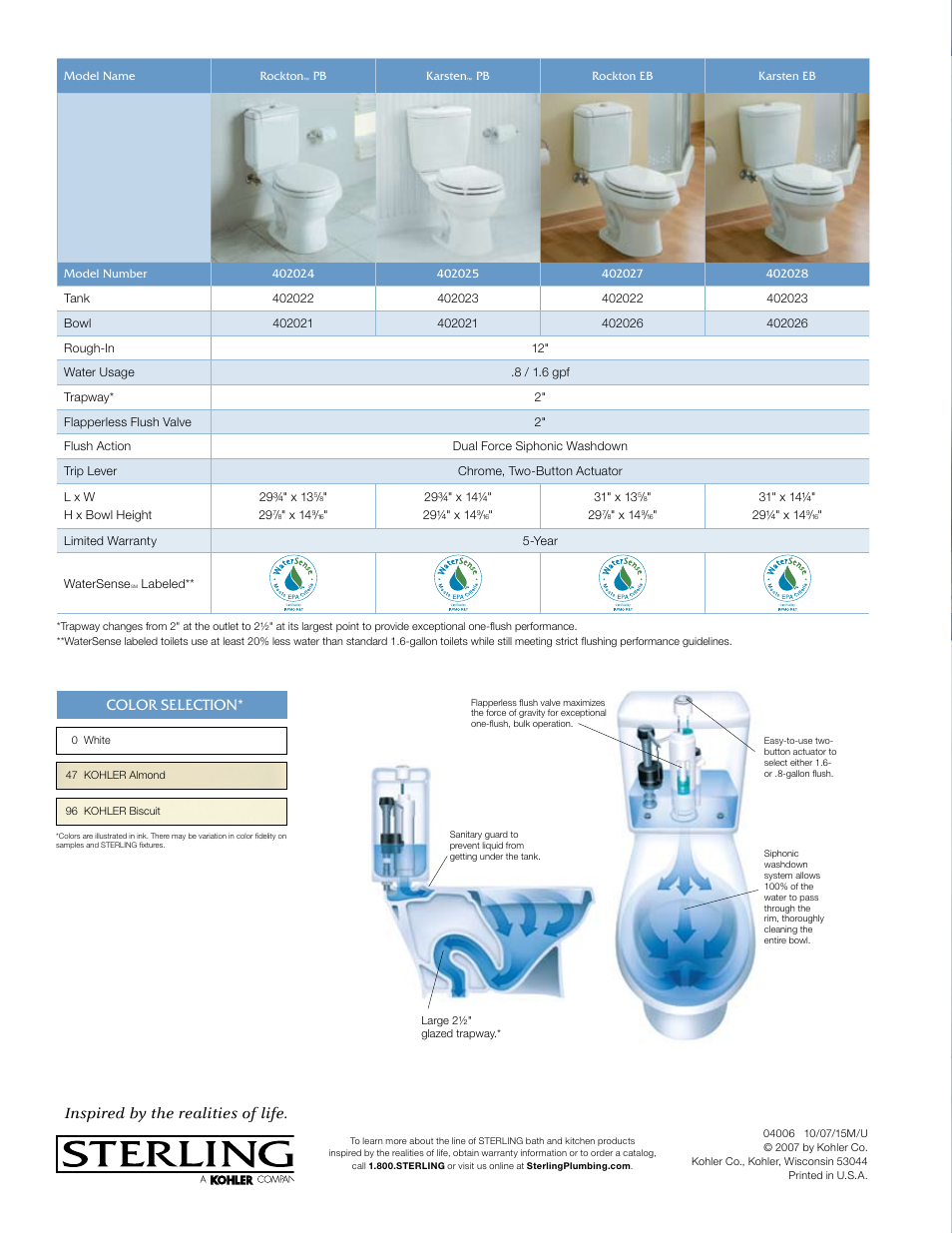 Inspired by the realities of life. color selection | Sterling Plumbing Toilet with Dual Force User Manual | Page 4 / 4