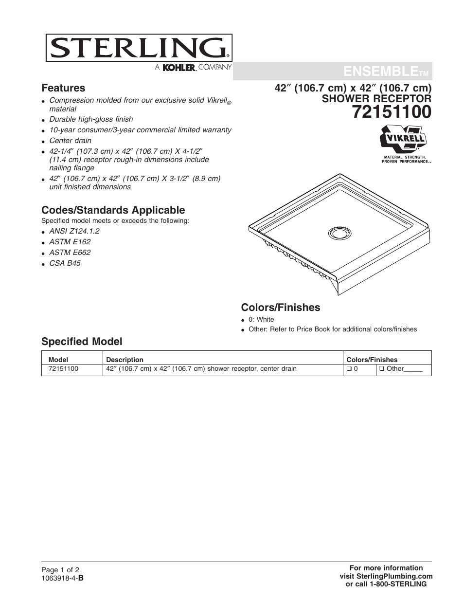 Sterling Plumbing Shower Receptor 72151100 User Manual | 2 pages