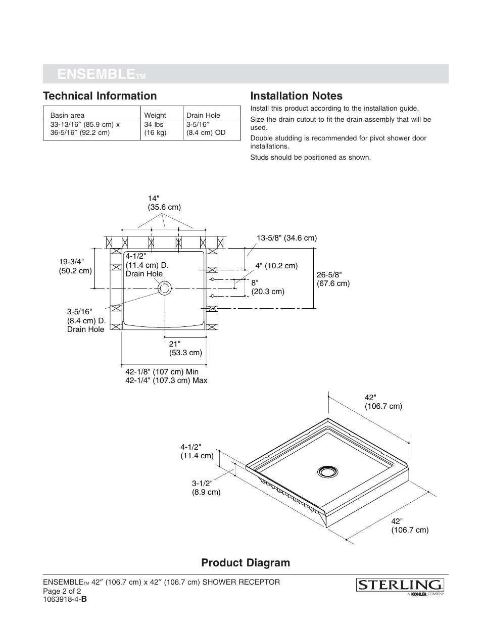 Ensemble, Technical information, Product diagram | Sterling Plumbing Shower Receptor 72151100 User Manual | Page 2 / 2