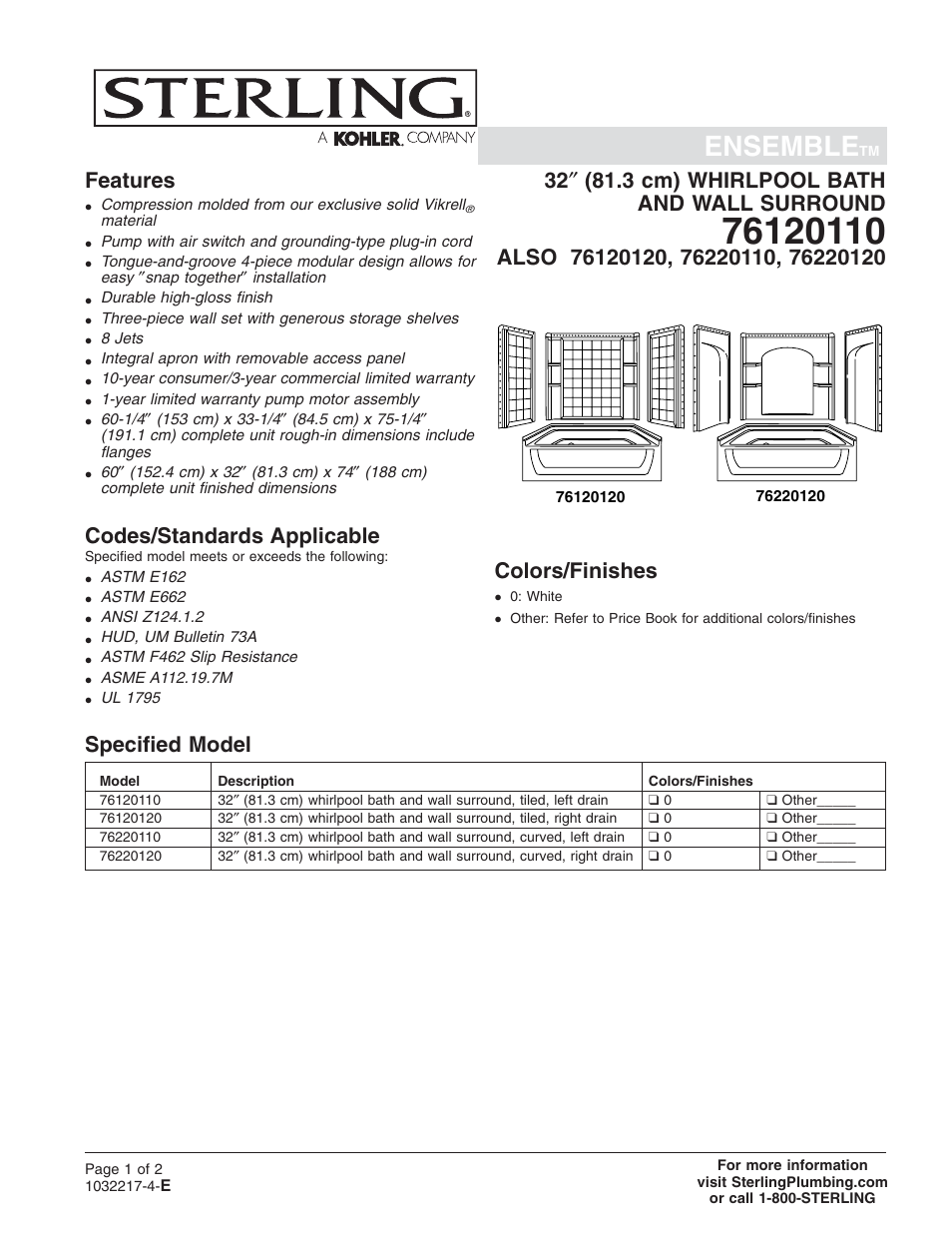 Sterling Plumbing Bath Whirlpool System 76220110 User Manual | 2 pages