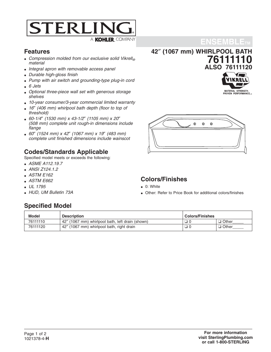 Sterling Plumbing Bath Whirlpool 76111120 User Manual | 2 pages