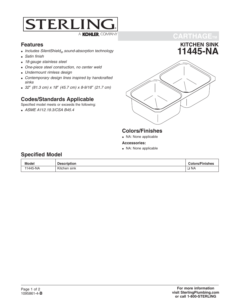Sterling Plumbing Carthage 11445-NA User Manual | 2 pages