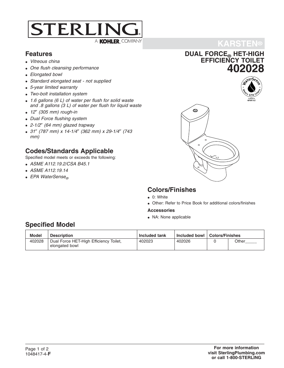 Sterling Plumbing Dual Force 402028 User Manual | 2 pages