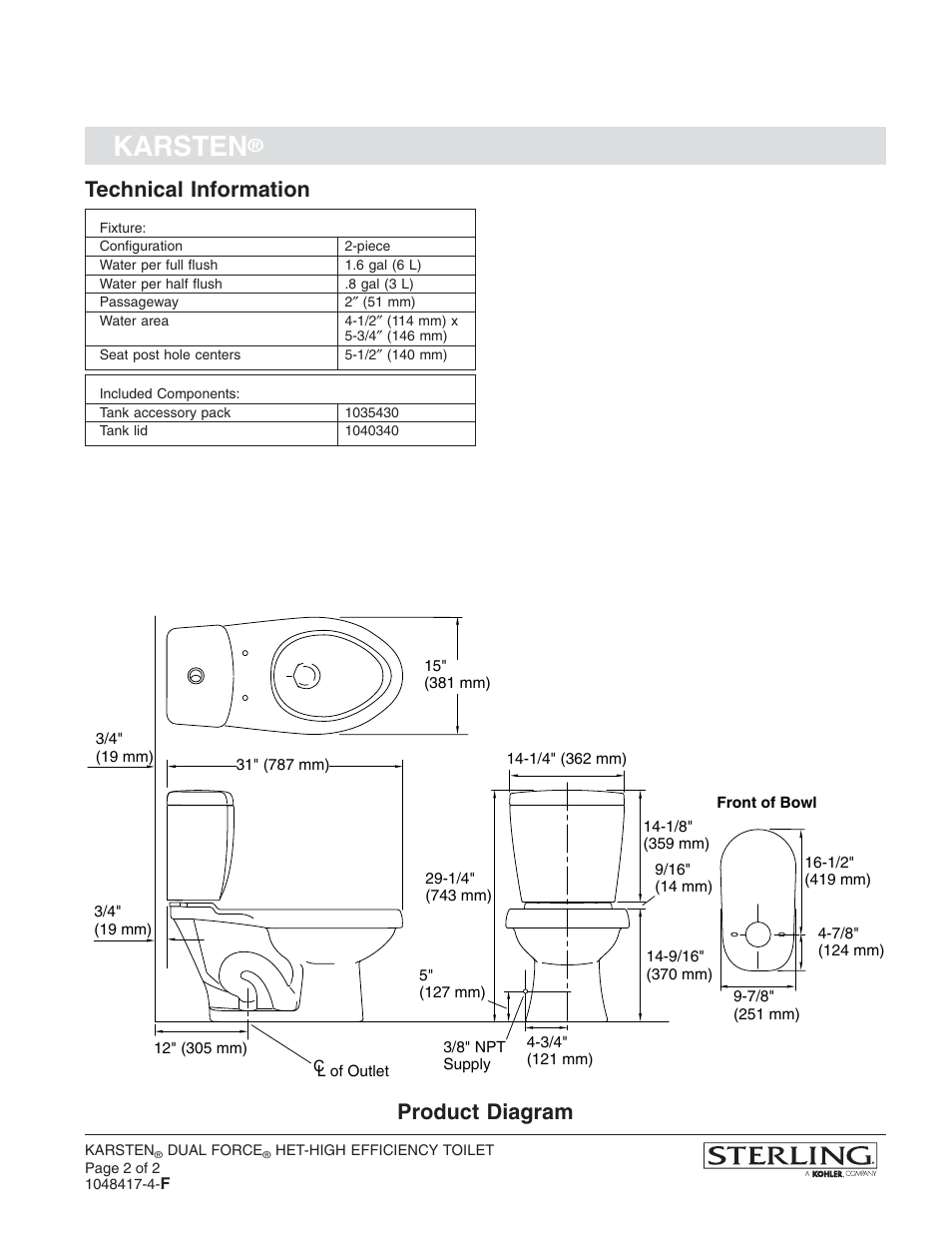 Karsten, Technical information, Product diagram | Sterling Plumbing Dual Force 402028 User Manual | Page 2 / 2