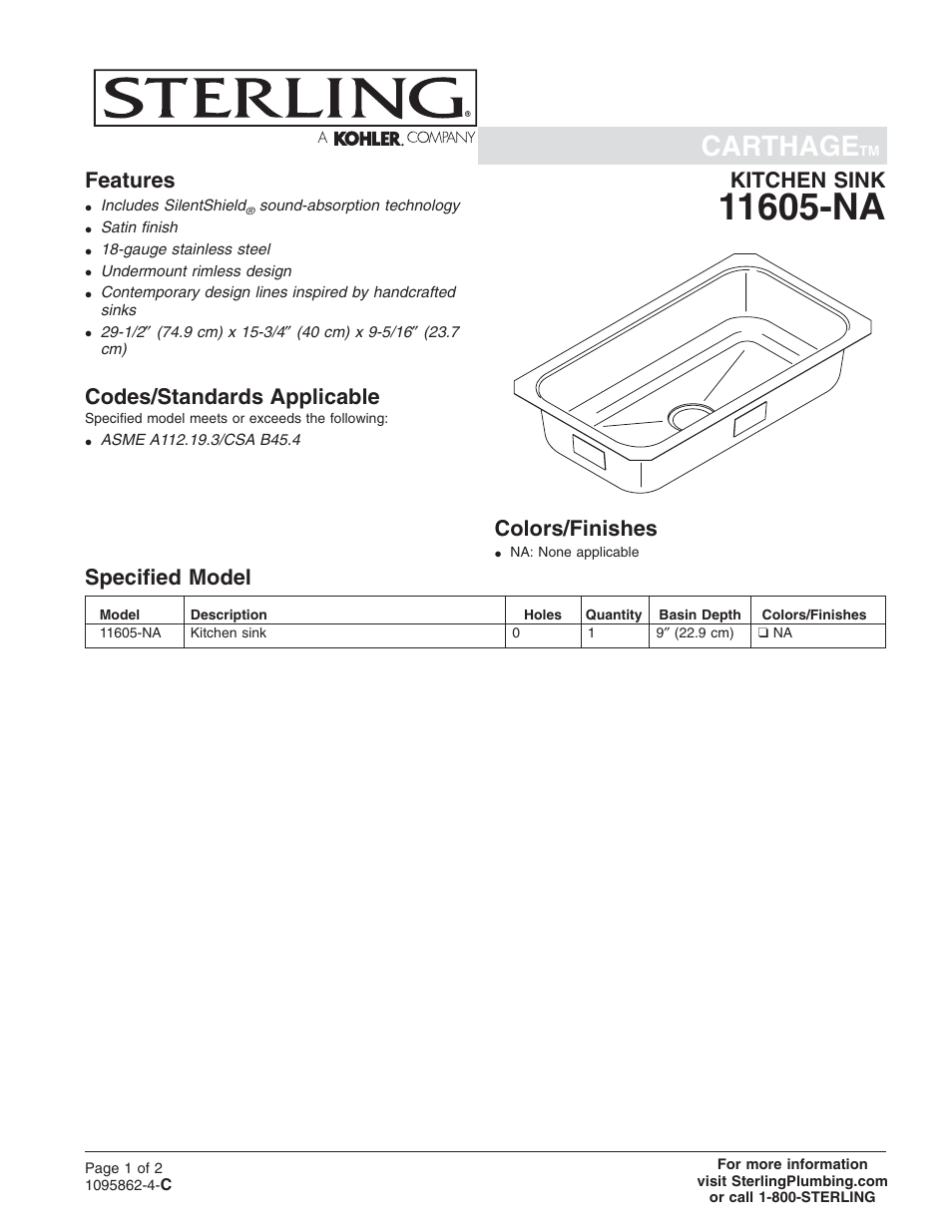 Sterling Plumbing 11605-NA User Manual | 2 pages