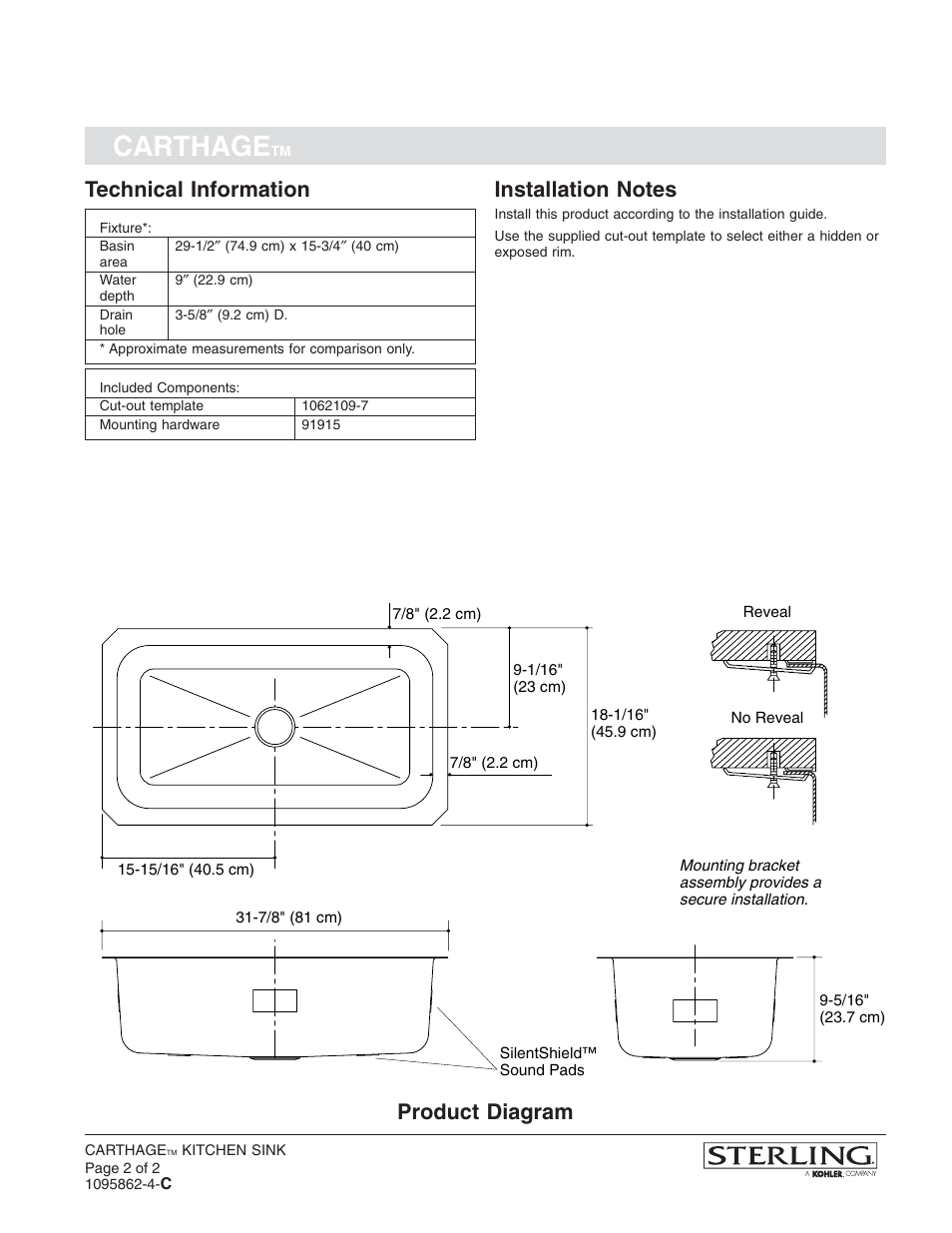 Carthage, Technical information, Product diagram | Sterling Plumbing 11605-NA User Manual | Page 2 / 2