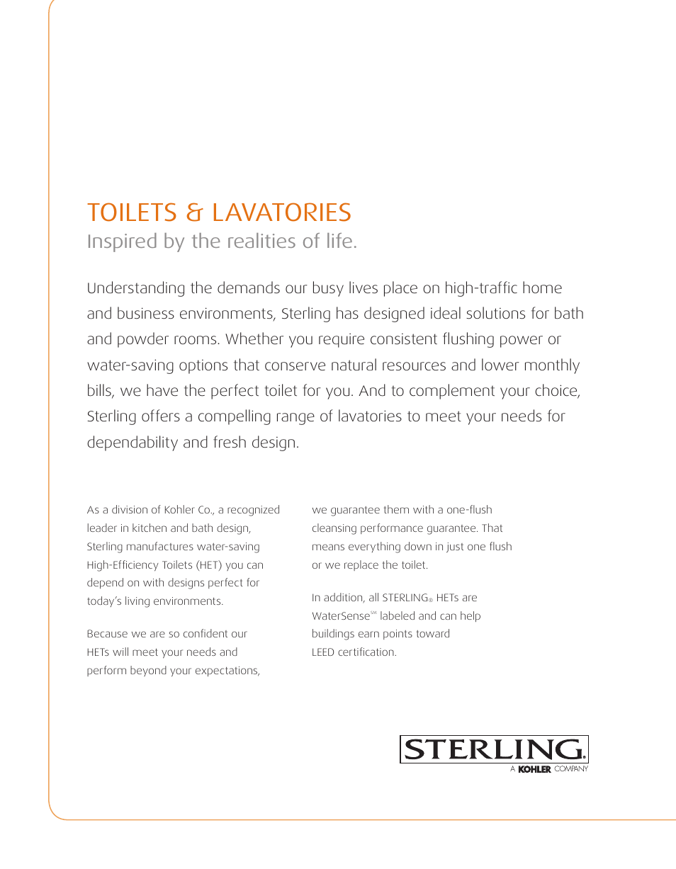 Toilets & lavatories, Inspired by the realities of life | Sterling Plumbing Toilet & Lavatories User Manual | Page 3 / 8