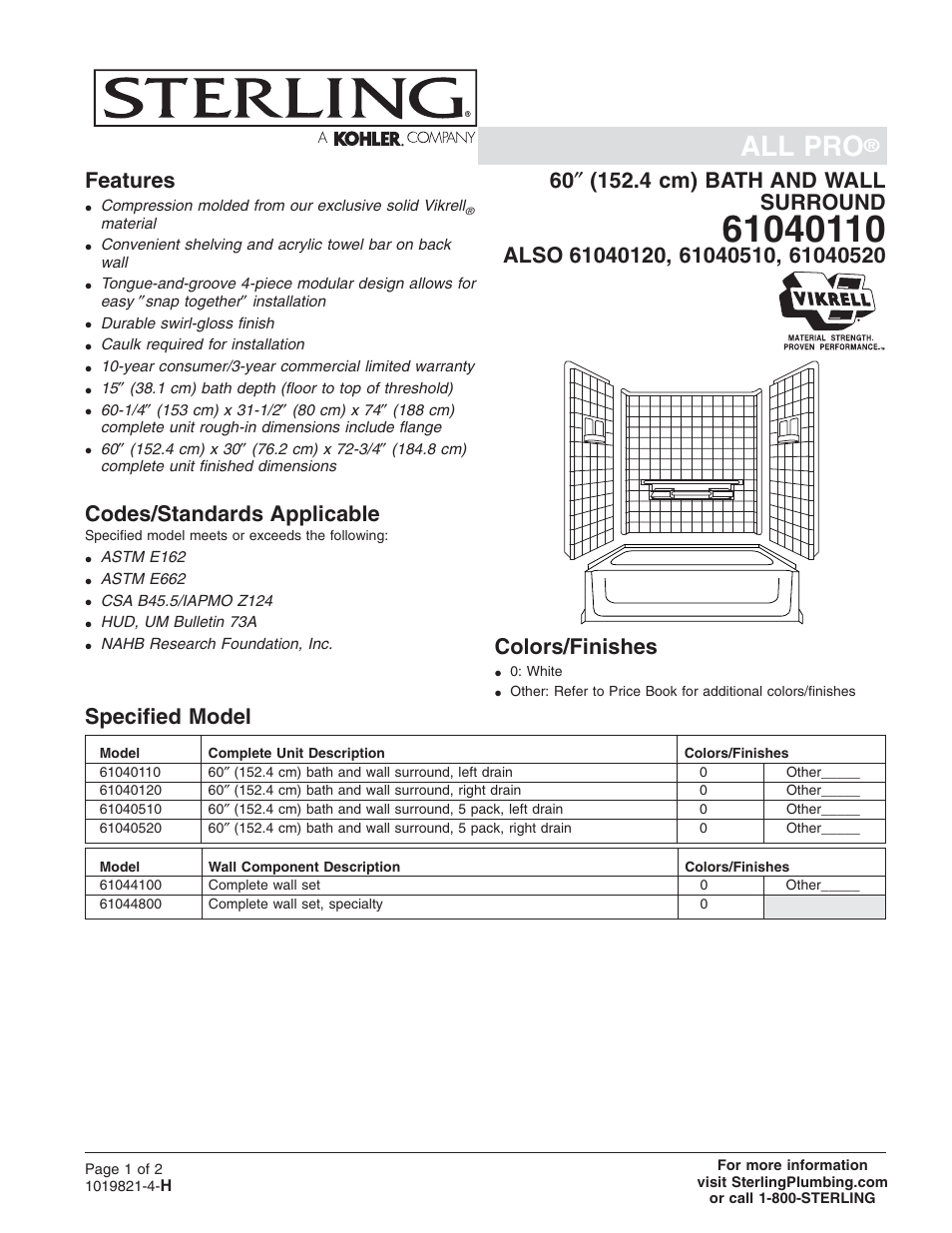 Sterling Plumbing Bath/Shower System 61040120 User Manual | 2 pages