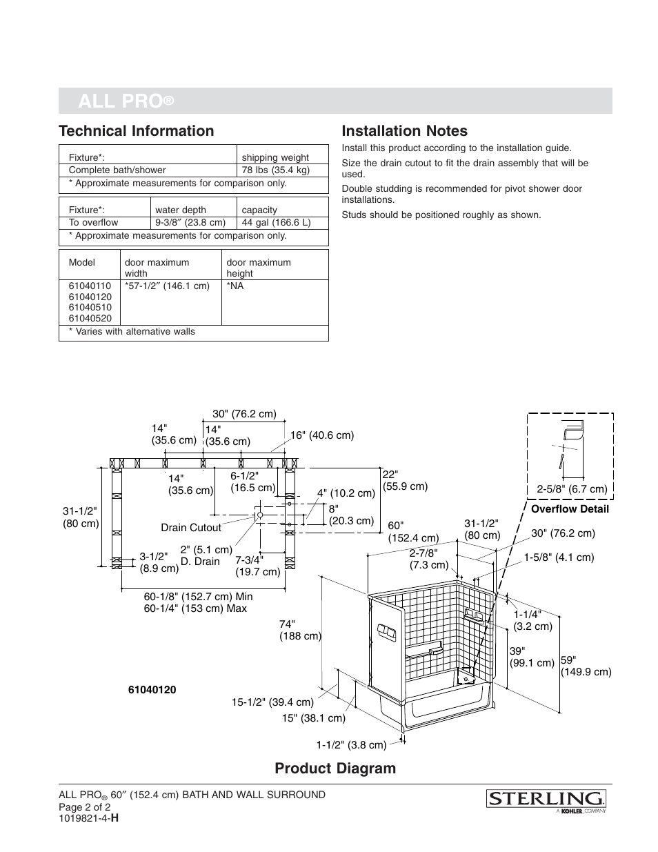 All pro, Technical information, Product diagram | Sterling Plumbing Bath/Shower System 61040120 User Manual | Page 2 / 2