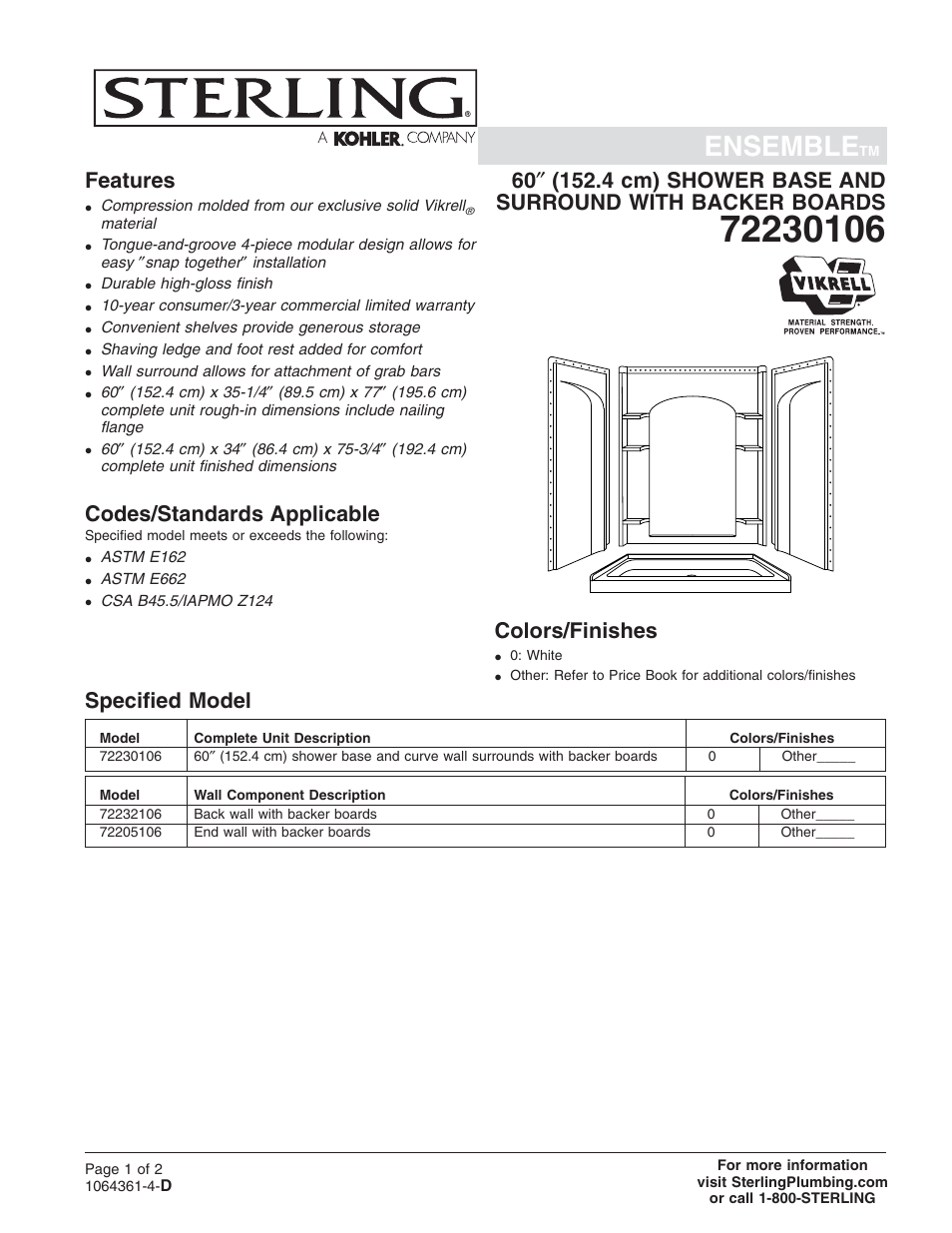 Sterling Plumbing Shower Receptor and Wall Surround with Backer Boards 72230106 User Manual | 2 pages
