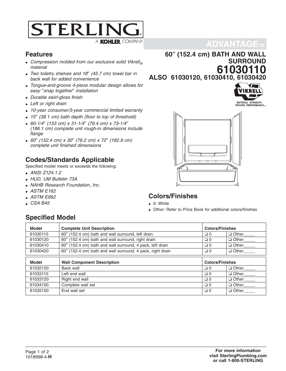 Sterling Plumbing 61030120 User Manual | 2 pages