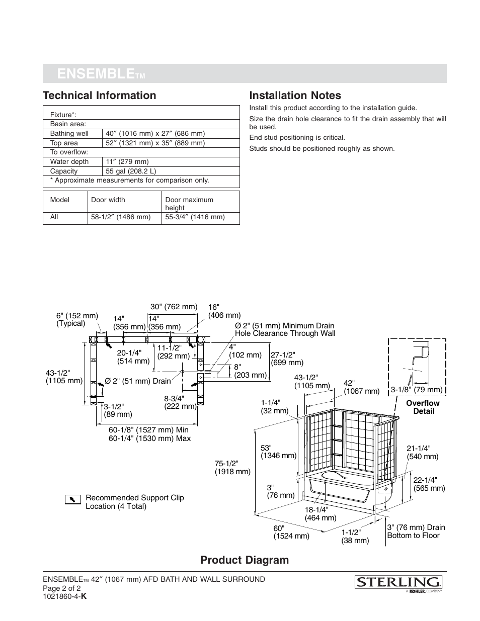 Ensemble, Technical information, Product diagram | Sterling Plumbing AFD Bath/Shower System 71110112 User Manual | Page 2 / 2