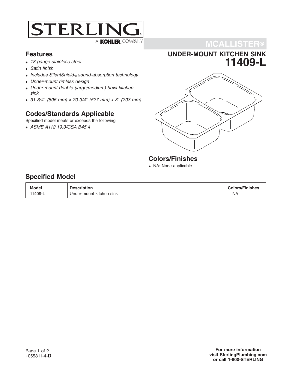 Sterling Plumbing Undercounter Kitchen Sink 11409-L User Manual | 2 pages