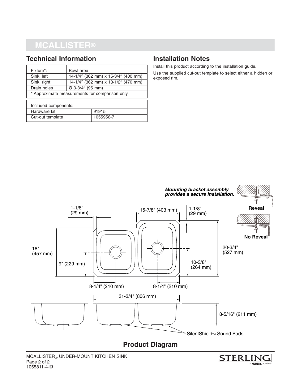 Mcallister, Technical information, Product diagram | Sterling Plumbing Undercounter Kitchen Sink 11409-L User Manual | Page 2 / 2