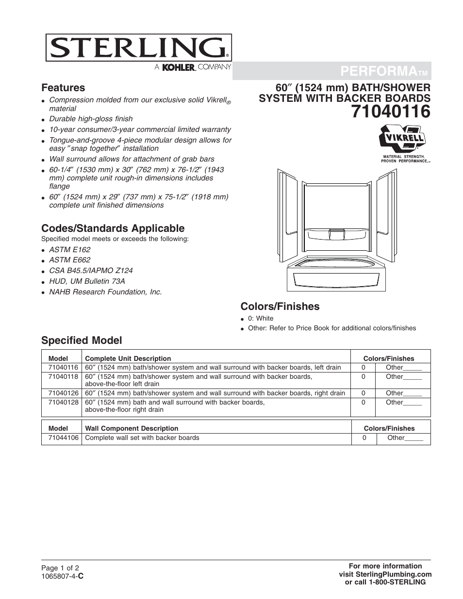 Sterling Plumbing 71040126 User Manual | 2 pages