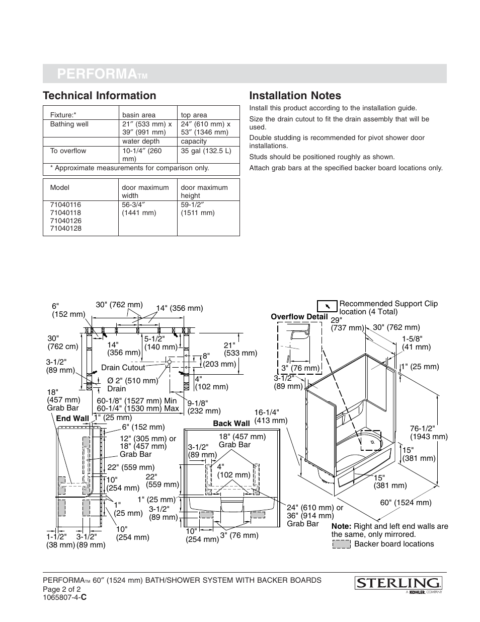 Performa, Technical information | Sterling Plumbing 71040126 User Manual | Page 2 / 2