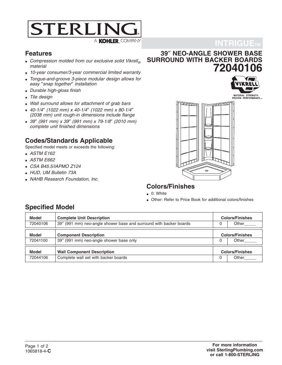 Sterling Plumbing 72040106 User Manual | 2 pages