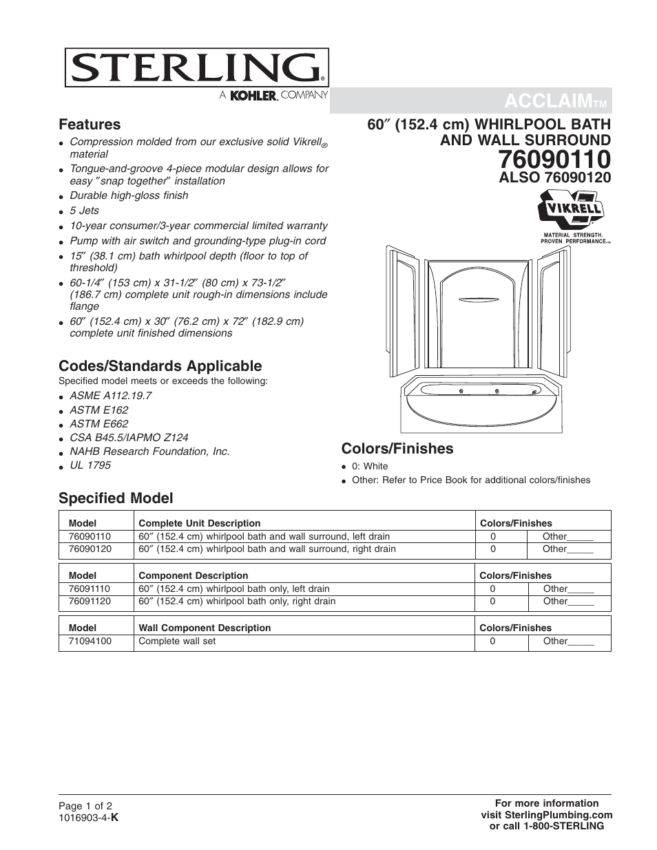 Sterling Plumbing Bath/Shower Whirlpool System 76090120 User Manual | 2 pages