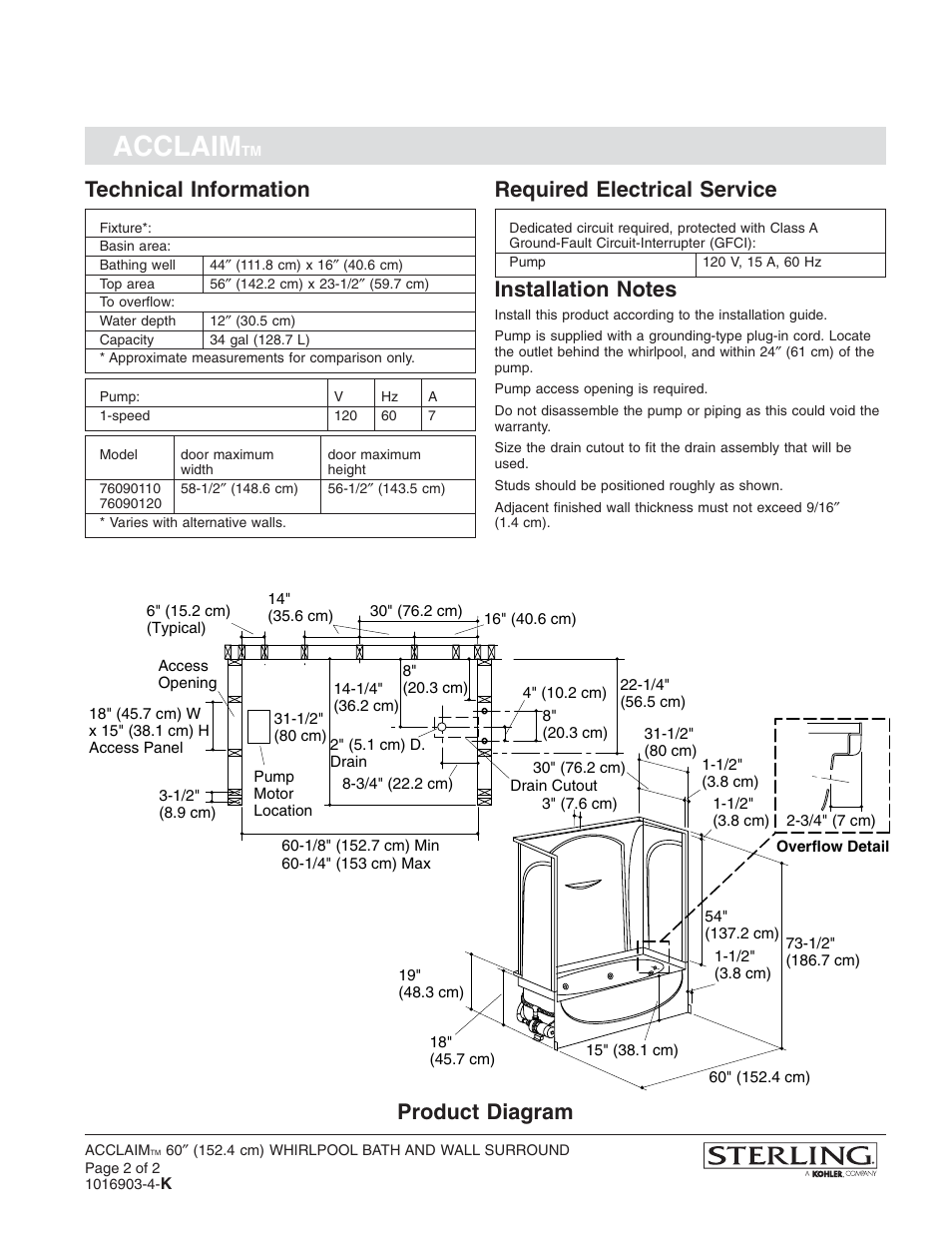 Acclaim, Technical information, Required electrical service | Product diagram | Sterling Plumbing Bath/Shower Whirlpool System 76090120 User Manual | Page 2 / 2