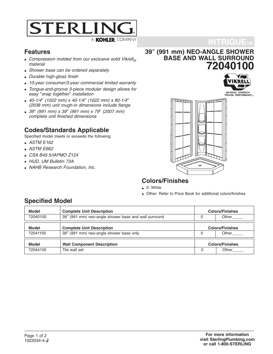 Sterling Plumbing 72040100 User Manual | 2 pages