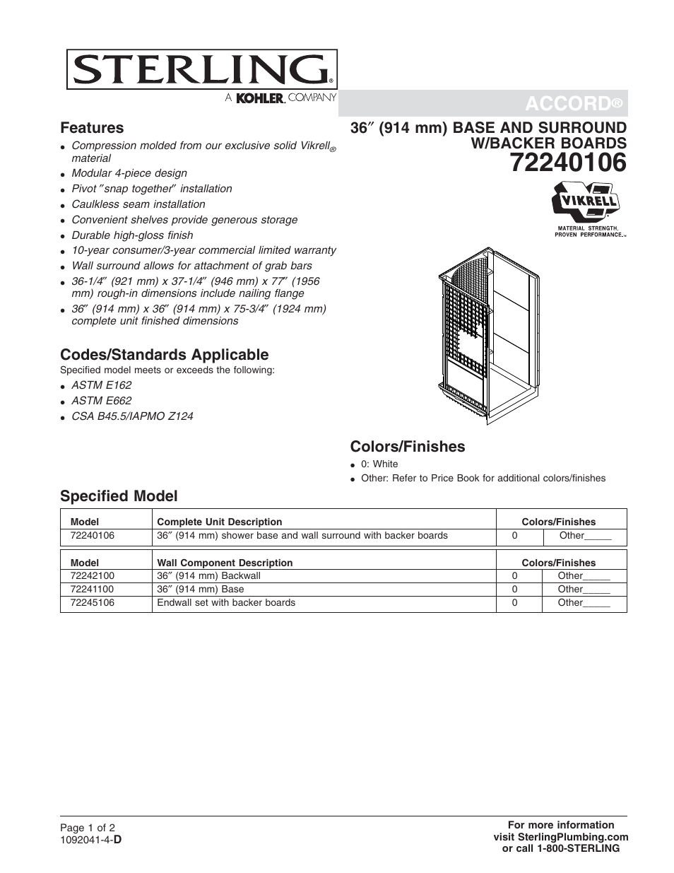 Sterling Plumbing 72240106 User Manual | 2 pages