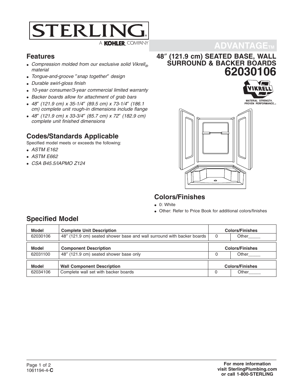 Sterling Plumbing Seated Shower Receptor and Wall Surrounds with Backer Boards 62030106 User Manual | 2 pages