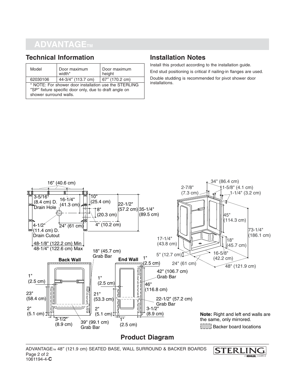 Advantage, Technical information, Product diagram | Sterling Plumbing Seated Shower Receptor and Wall Surrounds with Backer Boards 62030106 User Manual | Page 2 / 2