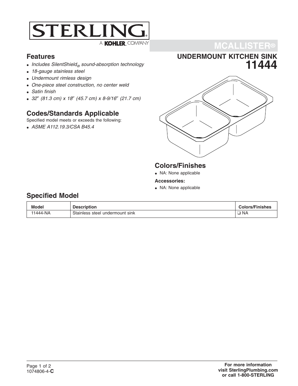 Sterling Plumbing McAllister 11444-NA User Manual | 2 pages