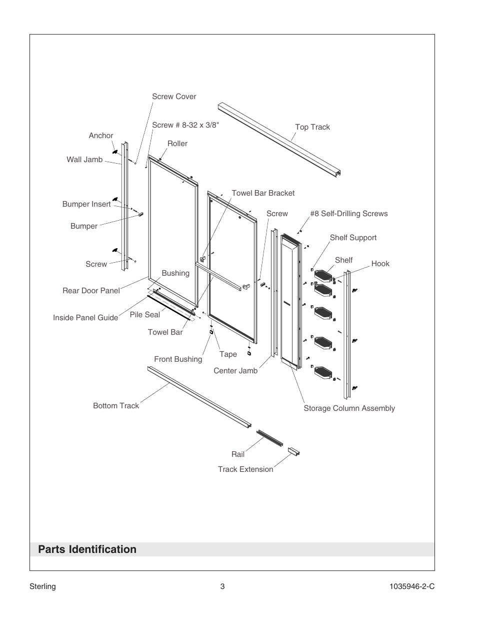 Parts identification | Sterling Plumbing Bypass Shower Doors 6065 User Manual | Page 3 / 44