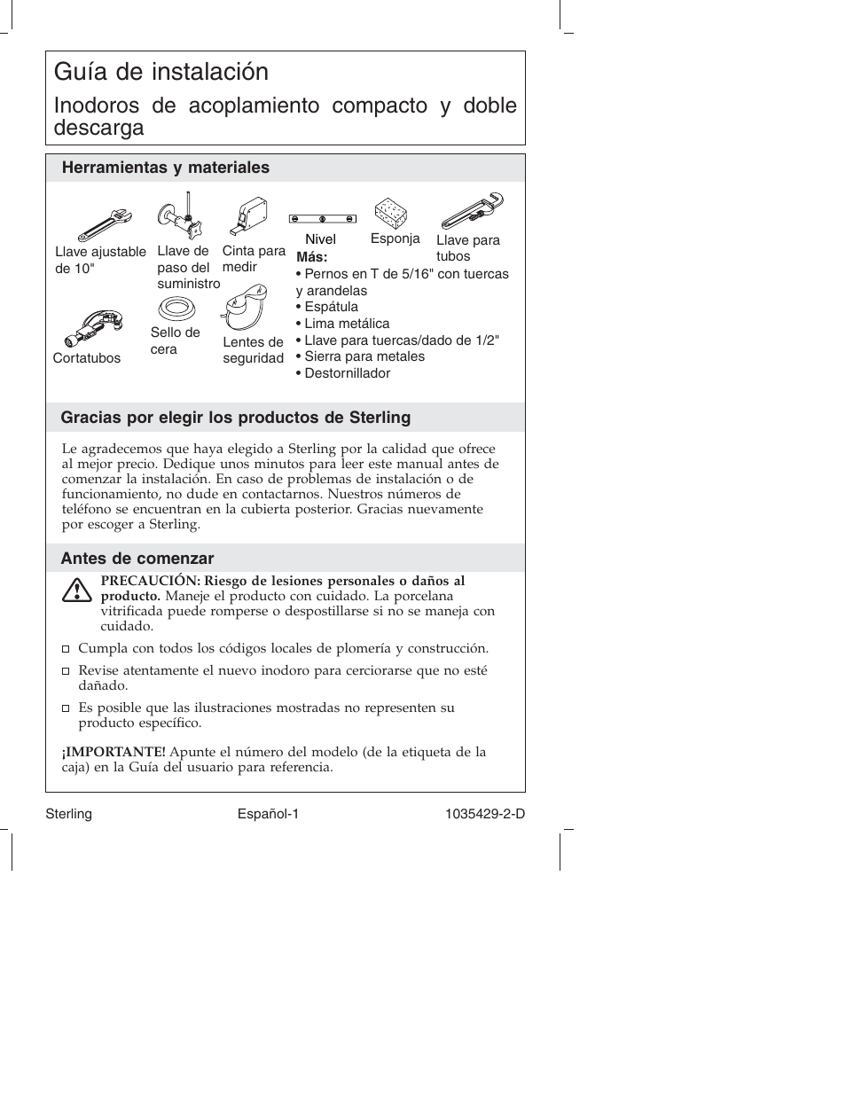 Guía de instalación, Inodoros de acoplamiento compacto y doble descarga | Sterling Plumbing Dual-Flush Close-Coupled Toilet 402027 User Manual | Page 15 / 24