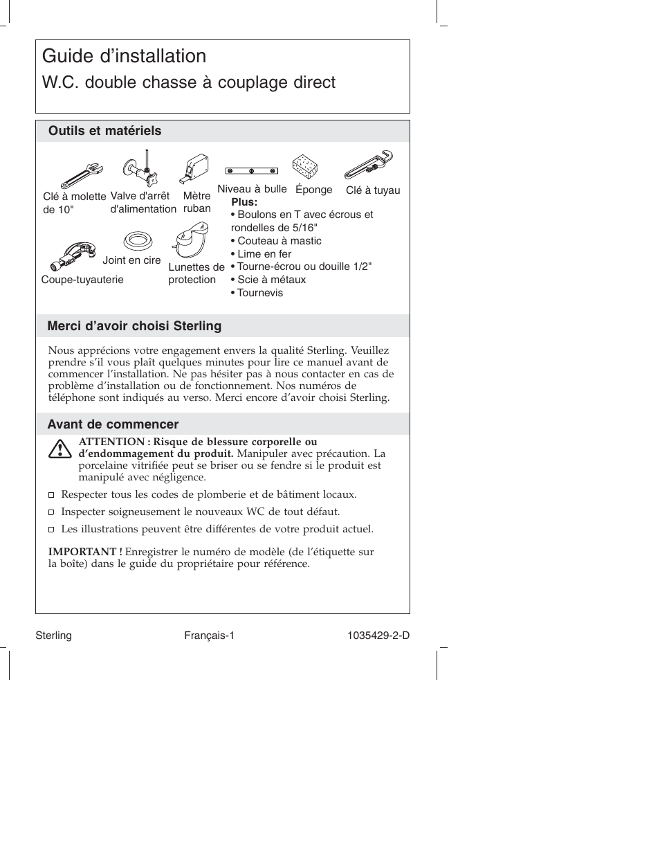 Guide d’installation, W.c. double chasse à couplage direct | Sterling Plumbing Dual-Flush Close-Coupled Toilet 402027 User Manual | Page 8 / 24