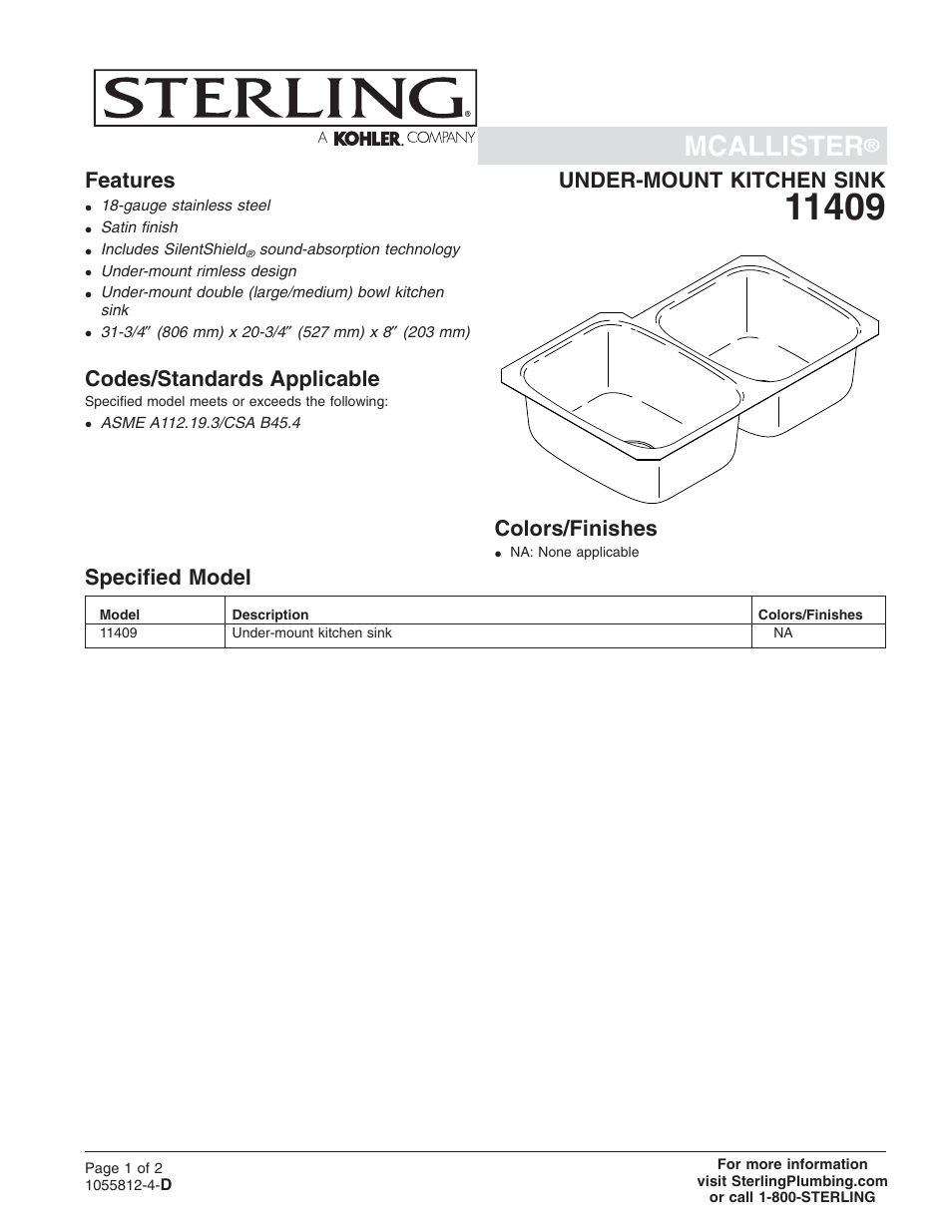 Sterling Plumbing 11409 User Manual | 2 pages