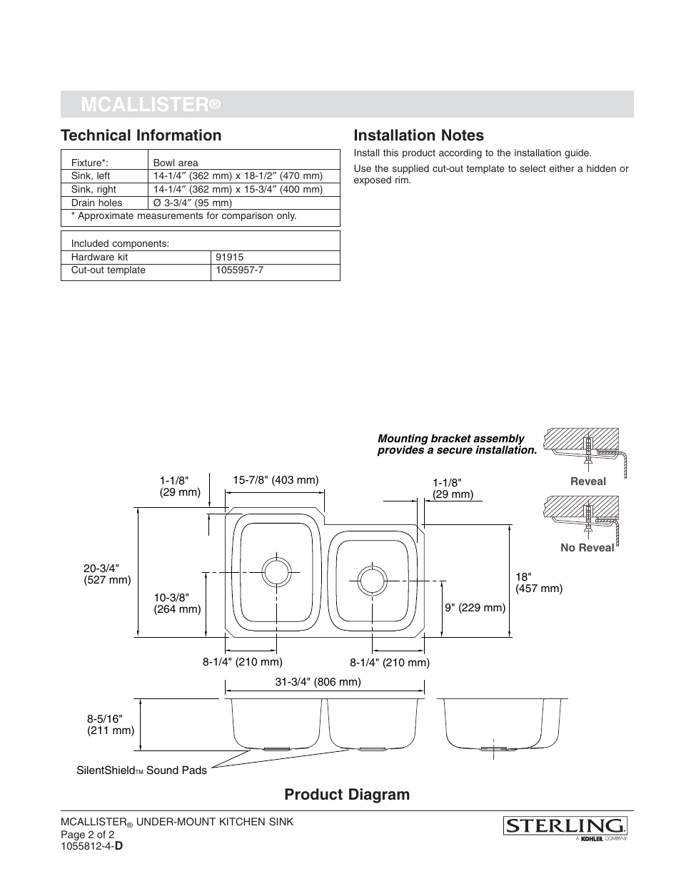 Mcallister, Technical information, Product diagram | Sterling Plumbing 11409 User Manual | Page 2 / 2