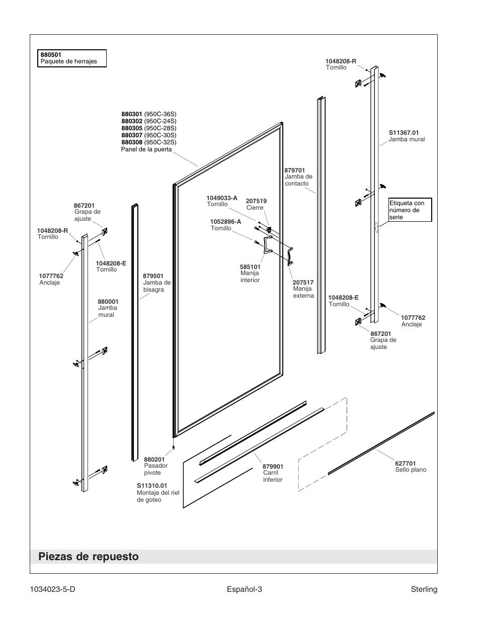 Piezas de repuesto | Sterling Plumbing Pivot Shower Doors 950C Series User Manual | Page 10 / 12