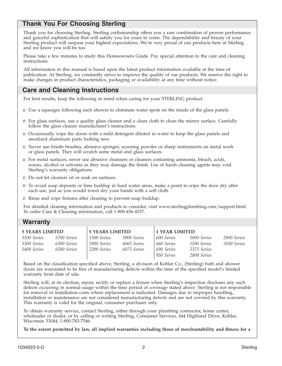 Care and cleaning instructions, Warranty | Sterling Plumbing Pivot Shower Doors 950C Series User Manual | Page 2 / 12