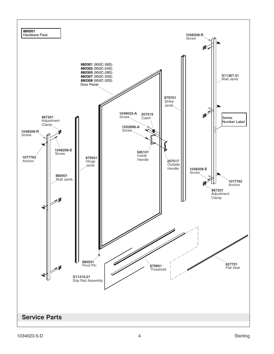Service parts | Sterling Plumbing Pivot Shower Doors 950C Series User Manual | Page 4 / 12