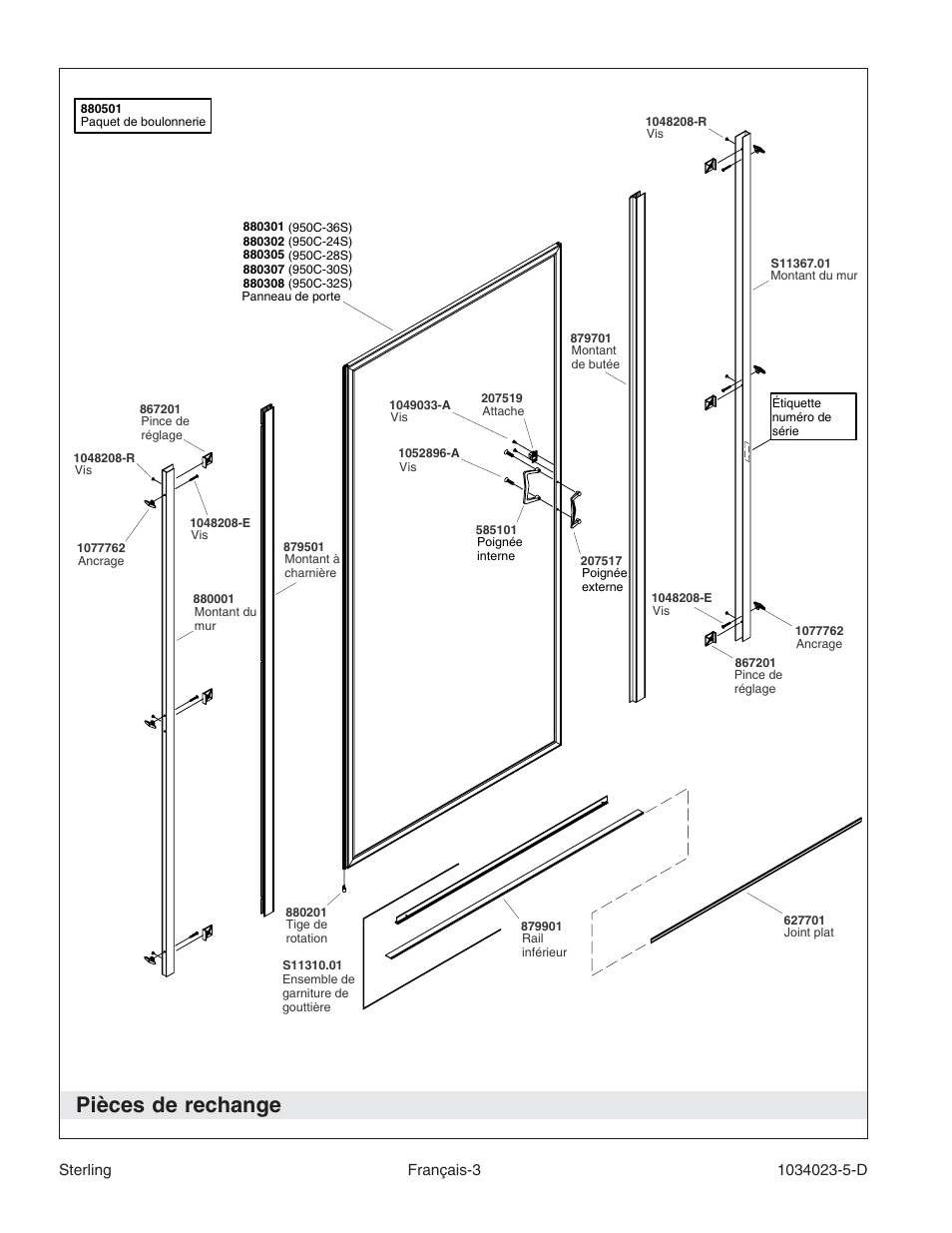 Pièces de rechange | Sterling Plumbing Pivot Shower Doors 950C Series User Manual | Page 7 / 12