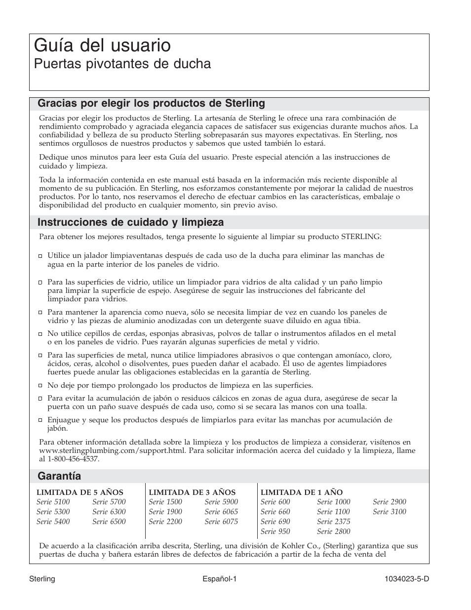 Guía del usuario, Puertas pivotantes de ducha, Gracias por elegir los productos de sterling | Instrucciones de cuidado y limpieza, Garantía | Sterling Plumbing Pivot Shower Doors 950C Series User Manual | Page 8 / 12