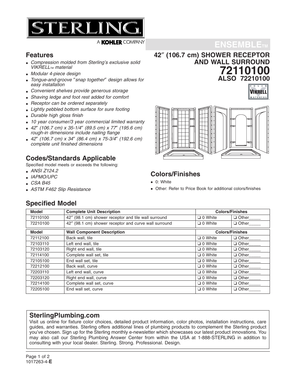 Sterling Plumbing Shower Receptor and Wall Surround 72110100 User Manual | 2 pages