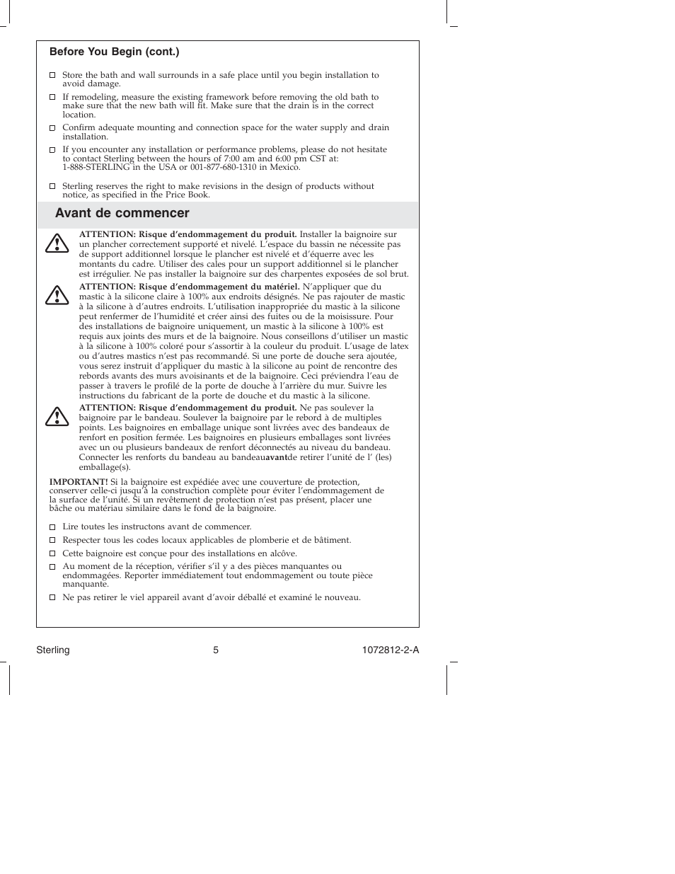 Avant de commencer | Sterling Plumbing Bath 7113 Series User Manual | Page 5 / 28