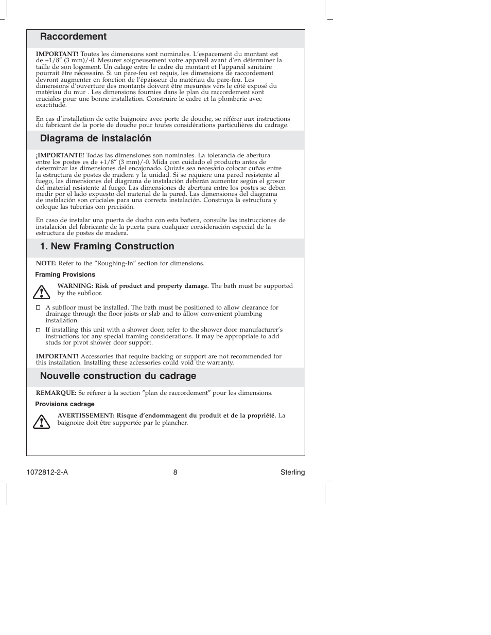 Raccordement, Diagrama de instalación, New framing construction | Nouvelle construction du cadrage | Sterling Plumbing Bath 7113 Series User Manual | Page 8 / 28