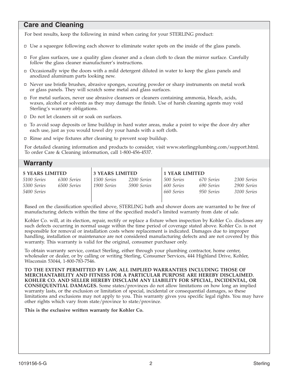 Care and cleaning, Warranty | Sterling Plumbing Frameless Pivot Shower Door 6305 Series User Manual | Page 2 / 16
