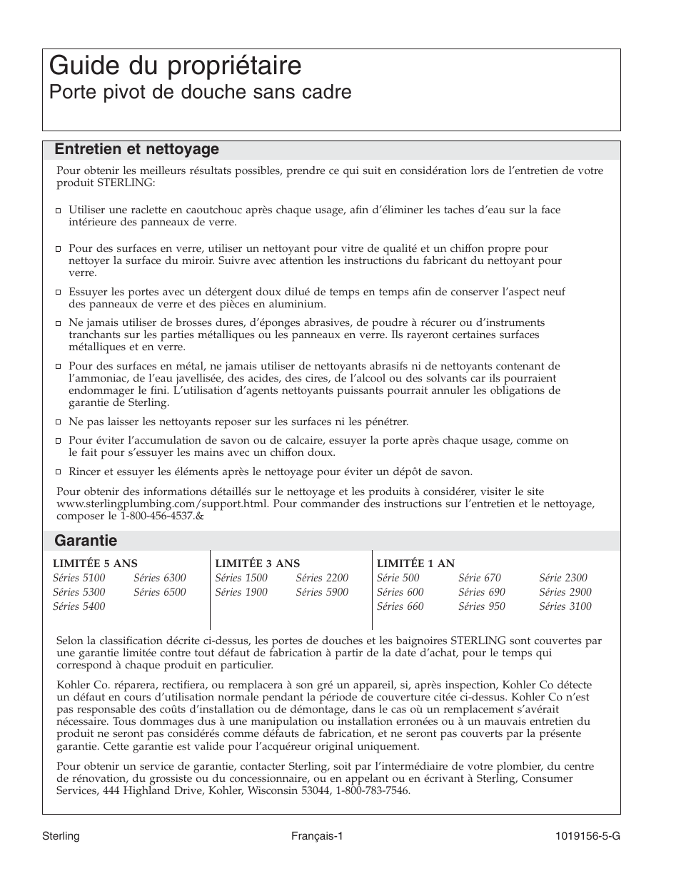 Guide du propriétaire, Porte pivot de douche sans cadre, Entretien et nettoyage | Garantie | Sterling Plumbing Frameless Pivot Shower Door 6305 Series User Manual | Page 6 / 16