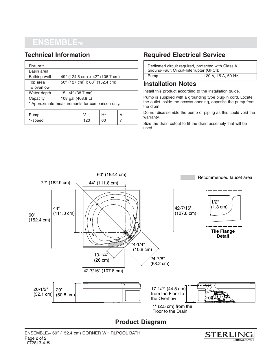 Ensemble, Technical information, Required electrical service | Product diagram | Sterling Plumbing 76131100 User Manual | Page 2 / 2