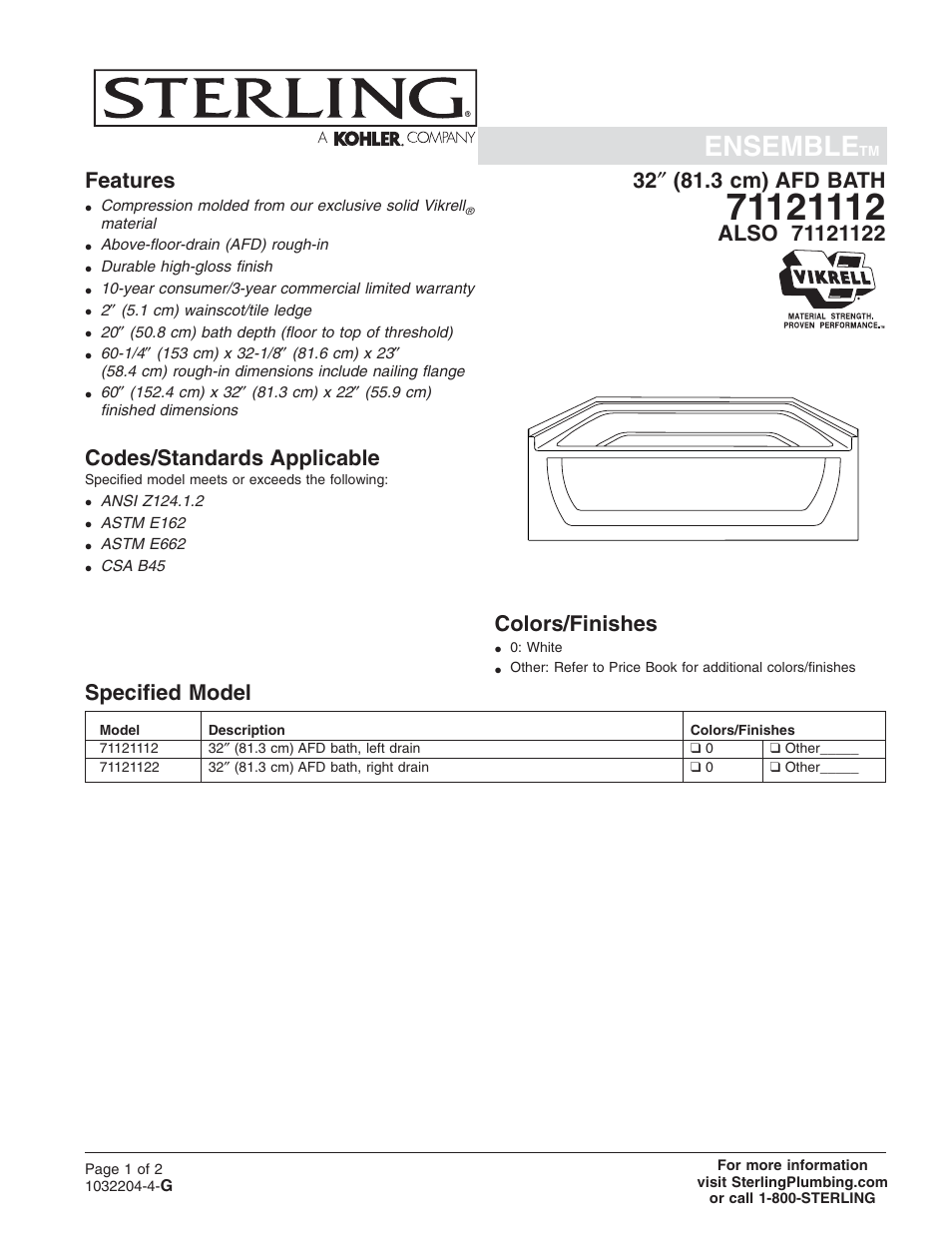 Sterling Plumbing AFD Bath 71121122 User Manual | 2 pages