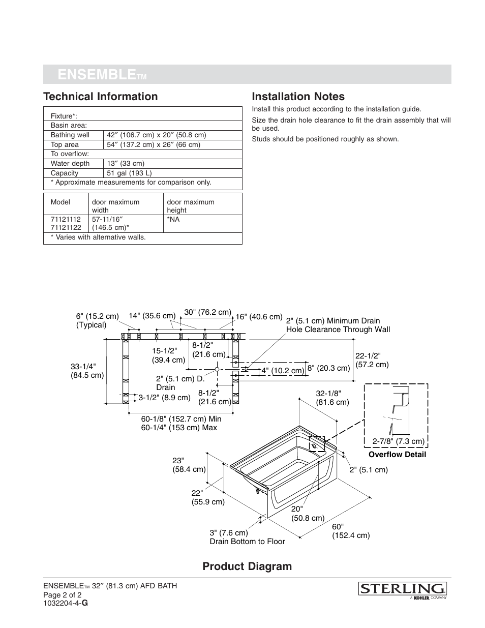 Ensemble, Technical information, Product diagram | Sterling Plumbing AFD Bath 71121122 User Manual | Page 2 / 2